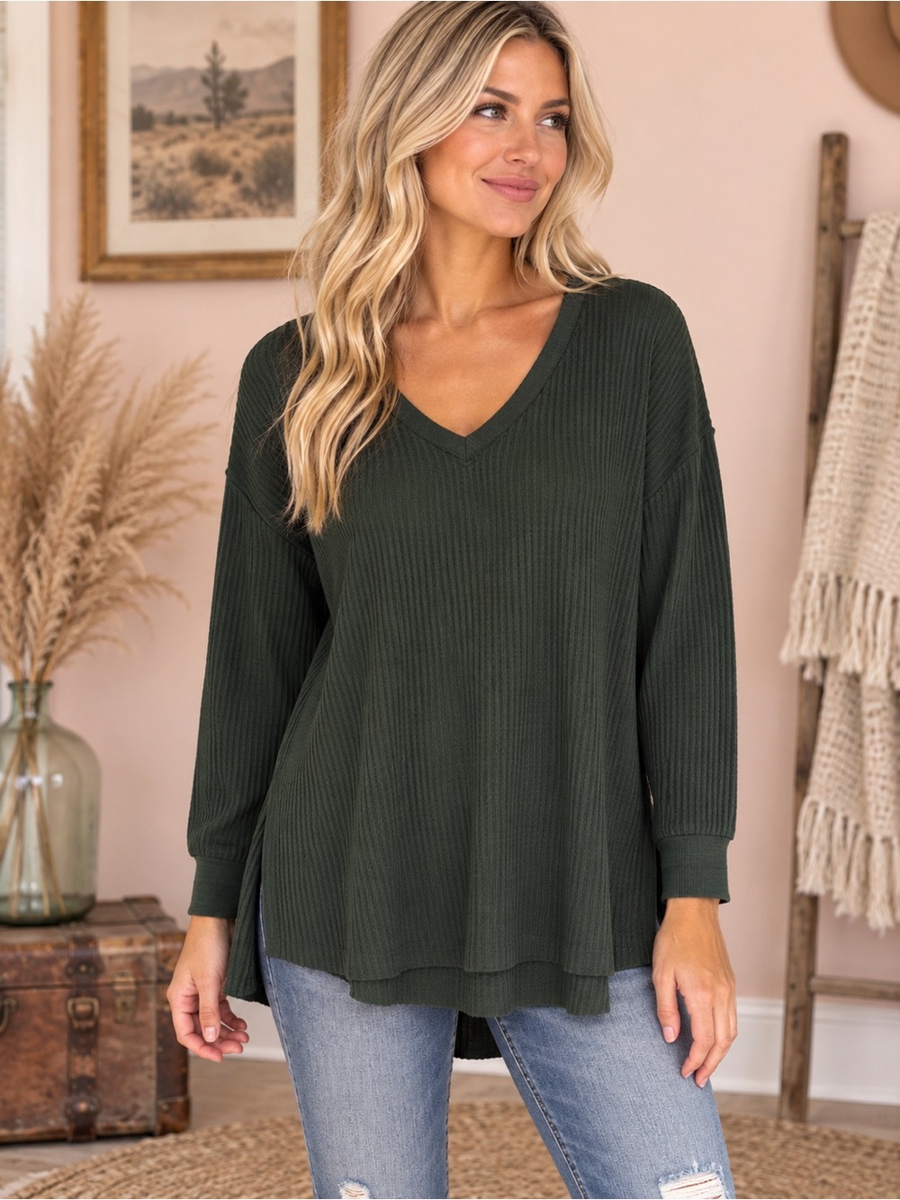 Women's V-Neck Waffle Knit Pullover Sweater - Dark Green